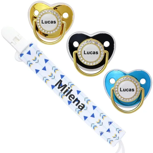 Juego de Chupetes Personalizado con Nombre, Libre de BPA, Bling Oro Rosa Plata Rosado Oro de Lujo Regalo Ideal para Recién Nacidos (Azul)