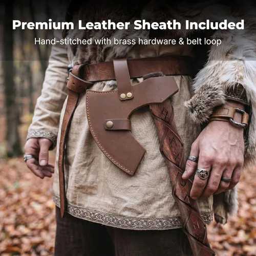 Miniatura 2 de Hacha de batalla vikingo a dos manos con cabeza de hacha barbuda Skegg de acero EN45, eje de madera de teca con runas nórdicas grabadas a mano - The