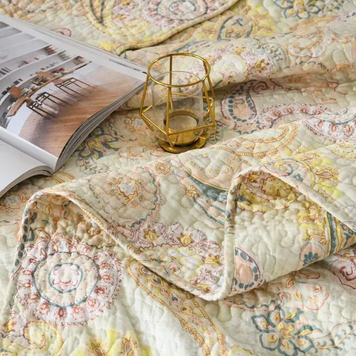 Miniatura 8 de ENASAL - Juego de colcha de algodón, juego de cubrecama reversible Comforter, colcha con estampado floral de cachemira (Amarillo, tamaño King)