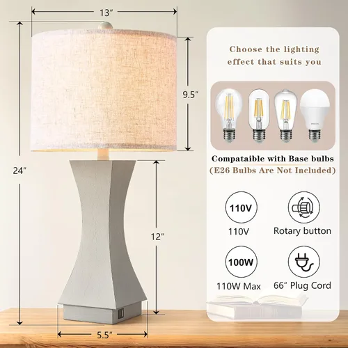 Miniatura 5 de Juego de 2 lámparas de mesa modernas de 62,2 cm, lámparas de mesita de noche regulables de 3 vías con carga USB C y A, lámparas de noche