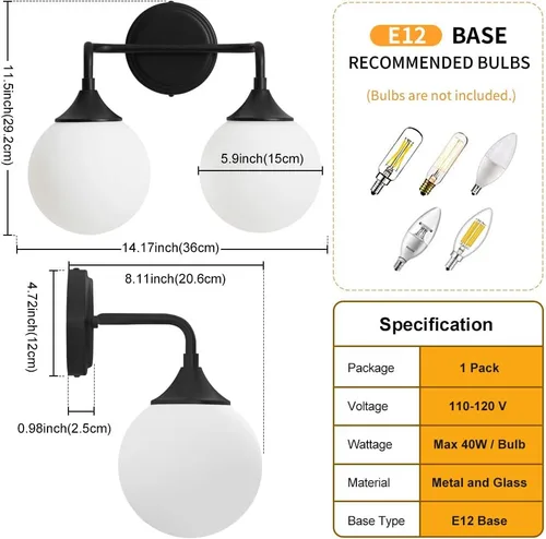 Miniatura 2 de Accesorios de Iluminación para Baño Negros, Iluminación Moderna de Tocador Sobre Espejo, Aplique de Pared Negro Mate Moderno de Mediados de Siglo