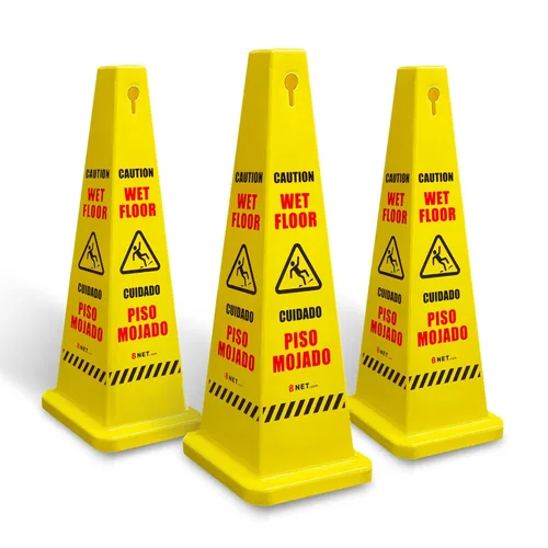 Paquete de 3 conos húmedos de 36 pulgadas, color amarillo brillante de 36 pulgadas, letrero de precaución bilingüe de 4 lados, impresión de suelo