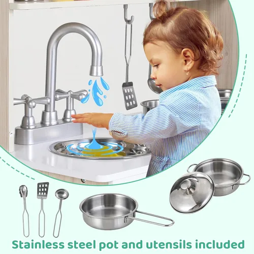 Miniatura 4 de MAMIZO Juego de cocina para niños, cocina preescolar, juguete de madera para niños pequeños con nevera, estufa, utensilios de cocina, teléfono