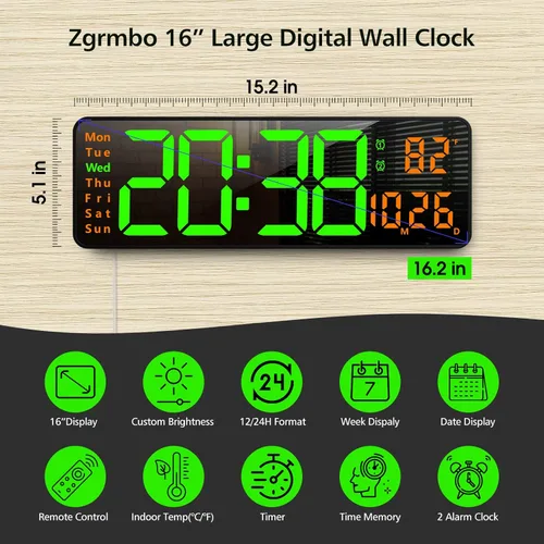 Miniatura 2 de Zgrmbo Reloj de pared digital de 16 pulgadas con control remoto, reloj digital grande con fecha, semana, temperatura, alarma, temporizador, reloj