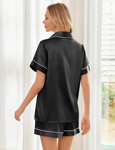Miniatura 2 de Ekouaer Conjunto de pijama de satén de seda para mujer, suave, de manga corta, con botones, ropa para dormir, camiseta y pantalones cortos, juego