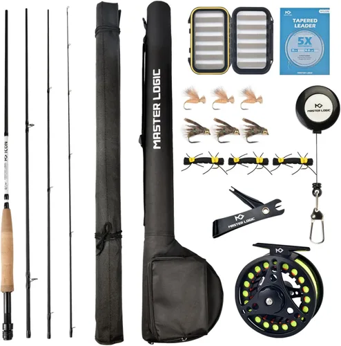 Miniatura 10 de Kit de inicio de combo de caña y carrete de pesca con mosca MASTER LOGIC, caña de pesca con mosca de grafito con mango de corcho, carrete