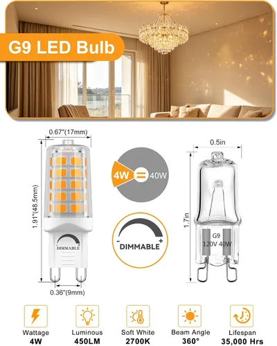 Miniatura 2 de BAOMING Bombilla LED G9 regulable de 4 W, equivalente a halógeno T4 G9 de 40 W, 2700 K blanco cálido suave, 120 V sin parpadeo, iluminación de araña