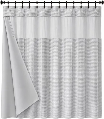 Miniatura 15 de Juego de cortina de ducha de tejido gofre con forro – Cortina de baño moderna con ventana superior de malla – Diseño de tela de alta calidad