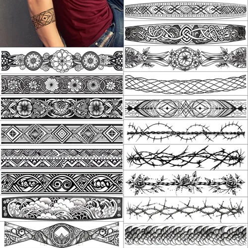 Miniatura 5 de GLARYYEARS Tatuaje Temporal de Banda para el Brazo - Paquete de 18 Tamaño Súper Largo, Tatuajes Falsos Realistas y Bohemios Estilo Polinesio Maorí