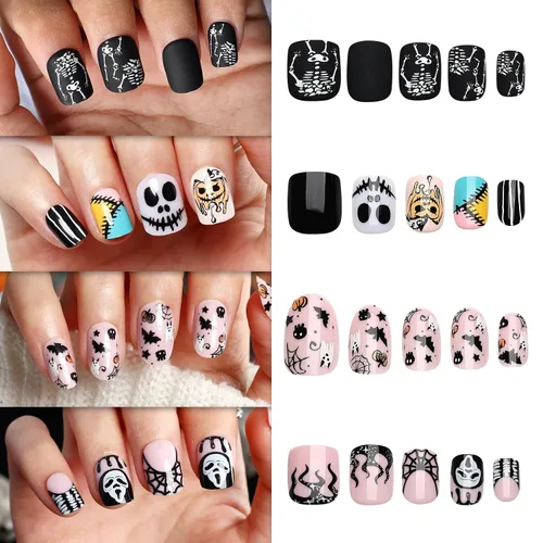 Miniatura 2 de Artquee Uñas postizas a presión de Halloween, paquete de 4 96 piezas, puntas postizas ovaladas cuadradas cortas con diseños de fantasma, llama