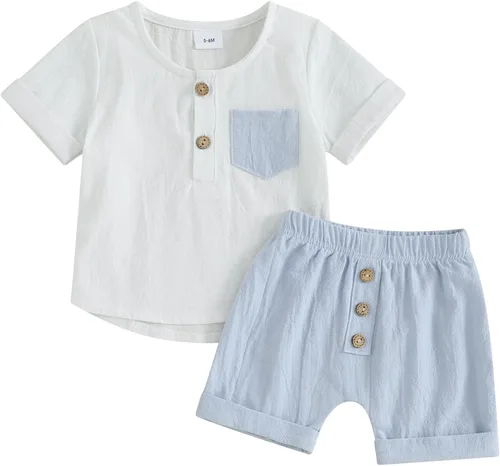 Miniatura 85 de Conjunto de ropa casual de manga corta con botones y pantalones cortos de lino para bebés y niños pequeños