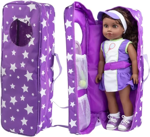 Dress Along Dolly Estuche de transporte de almacenamiento de muñecas de 18 pulgadas (estrella púrpura) compatible con American Girl, organizador