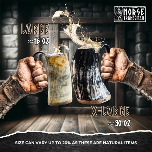 Miniatura 7 de Norse Tradesman LG Viking Cuerno para Beber - Jarra de Cuerno de Cerveza 100% Auténtica con Fondo de Madera Dura y Grabados de Anillos The