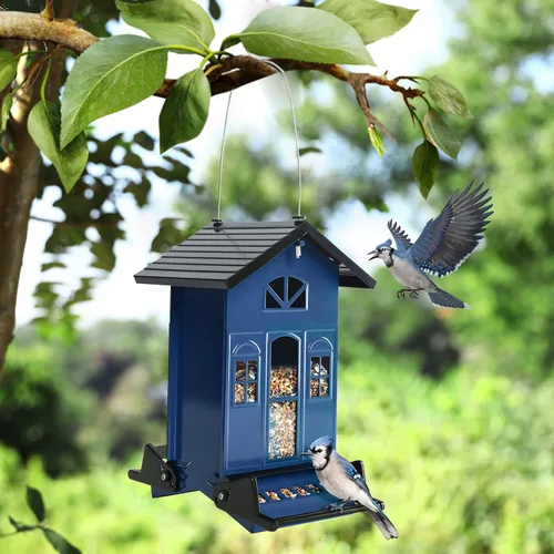 Miniatura 9 de Birdkiss Comedero para pájaros a prueba de ardillas en el exterior: serie de casas de campo para colgar - Metal - Semilla de 5 libras - Activado