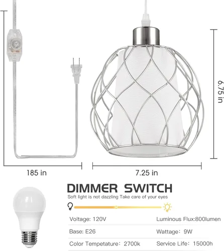 Miniatura 6 de Ruzectt Lámpara colgante enchufable, luz colgante con cable enchufable, lámpara colgante plateada con interruptor regulable, cable transparente