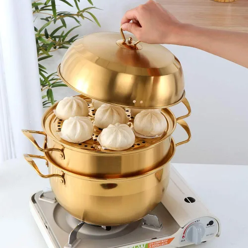 Juego de vaporizador de acero inoxidable resistente de alta calidad, 3 niveles, incluye 2 ollas de cocina, 1 septa y tapa para cocinar al vapor,
