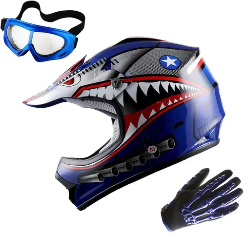 Miniatura 10 de WOW Casco de Motocross Juvenil MX BMX Casco de Bicicleta Araña Negro + Gafas + Guantes Negros Esqueleto Paquete Verde tiburón