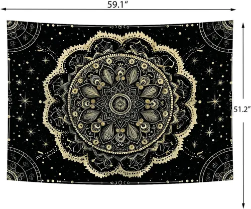 Miniatura 6 de Delur Tapiz de mandala negro y dorado, astrología, espacio, hippie bohemio, medallón floral, tapiz para colgar en la pared, estético, cabecero
