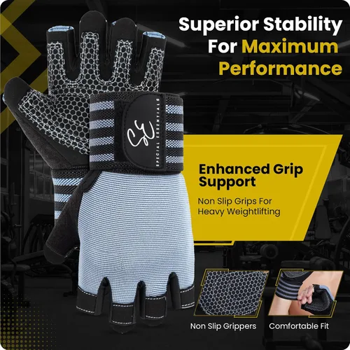 Miniatura 2 de Special Essentials Guantes de gimnasio de entrenamiento para hombres y mujeres, guantes de ejercicio sin dedos con acolchado antideslizante y correa