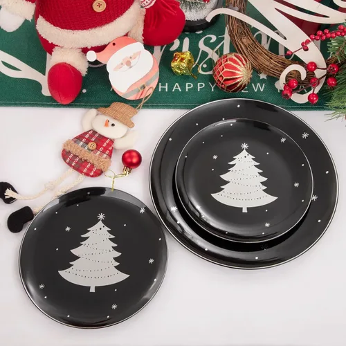 Miniatura 5 de WDF 50 platos de Navidad de plástico, platos negros y plateados con árbol de Navidad, incluyen 25 platos llanos, 25 platos de ensalada, platos