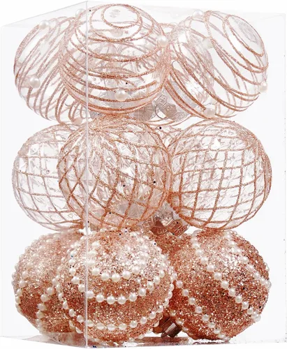12 unidades de esferas de Navidad de adorno en oro rosa, irrompibles, de plástico transparente, grandes, decoración para árbol de Navidad, delicados