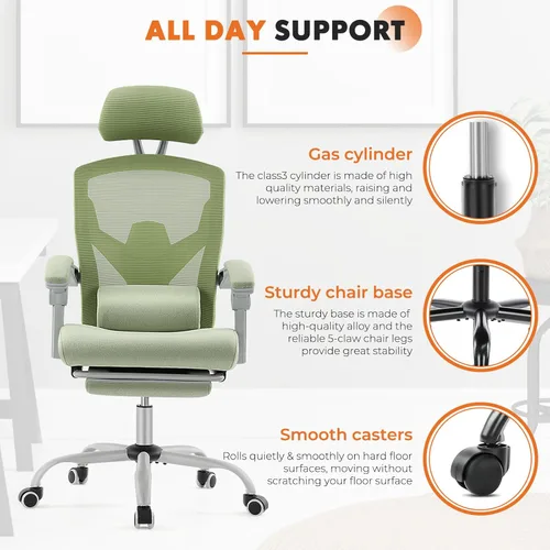 Miniatura 7 de Silla de oficina para computadora Sweetcrispy, sillas giratorias ergonómicas de malla con respaldo alto para trabajo con ruedas, soporte lumbar Verde