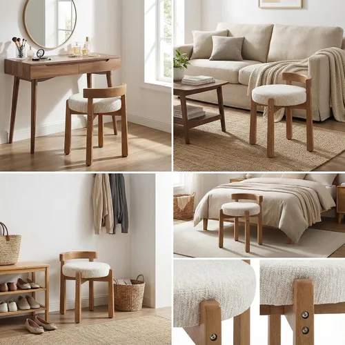 Miniatura 8 de DUOMAY Taburete de tocador de felpilla beige con respaldo bajo, altura del asiento de 18.75 pulgadas, otomana redonda tapizada, patas de goma