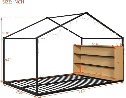 Miniatura 2 de Cama juguetona en forma de casa de tamaño matrimonial con estantes y luces, marco de cama de metal con techo para niños, adolescentes y adultos, un