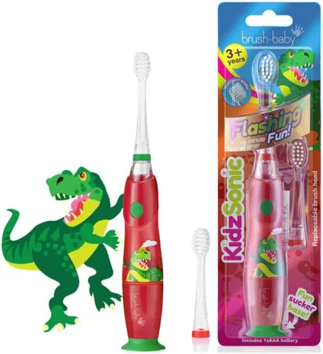 brush-baby - KidzSonic Dinosaur Cepillo de dientes eléctrico para niños a partir de 3 años con luces LED de discoteca, vibraciones sónicas suaves,