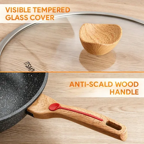 Miniatura 6 de ITSMILLERS Wok antiadherente de aluminio fundido a presión chino, resistente a los arañazos con tapa y espátula, sin PFOA, apto para lavavajillas