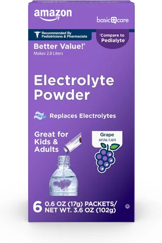 Amazon Basic Care - Paquetes de electrolitos en polvo para rehidratación para niños y adultos, sabor uva, 6 unidades (paquete de 1)
