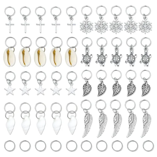 Miniatura 8 de JIALEEY 50 anillos para trenzar el cabello, 50 piezas de pinzas para el cabello, anillo dorado, concha, hojas, estrella, caracola, copo de nieve