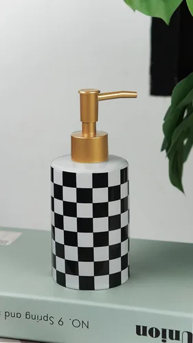Miniatura 3 de Dispensador de jabón de cerámica a cuadros blanco y negro, plato de loción líquida, dispensador de jabón de tablero de ajedrez, botella con bomba