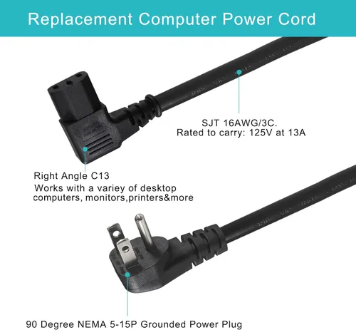 Miniatura 4 de Cable de alimentación de 90 grados, IEC de ángulo recto de 2 pies, fuente de alimentación universal para PC, 16 AWG, NEMA 5-15P negro tipo ángulo a