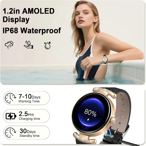 Miniatura 5 de Relojes inteligentes para mujer, Android IOS, pantalla AMOLED ultra clara de 1.2 pulgadas, rastreadores de actividad física con llamada Bluetooth