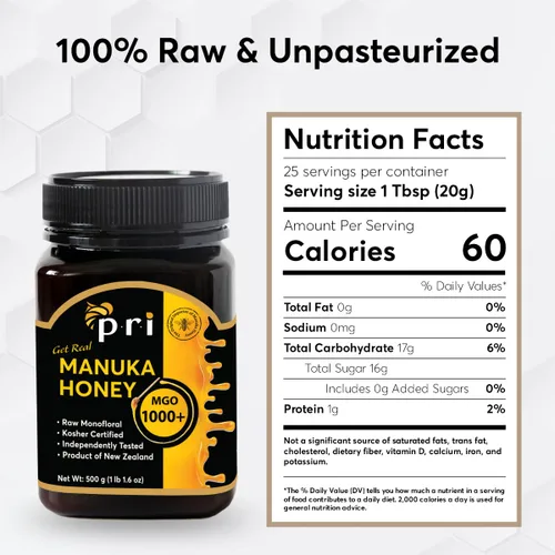 Miniatura 2 de P.R.I Miel de Manuka MGO 1000+, 1.1LB de alta resistencia - Miel de Manuka cruda (tarro de 17.64 oz)