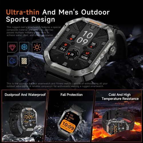 Miniatura 4 de Relojes inteligentes militares para hombres, reloj de fitness, IP68 impermeable 20 días de espera, pantalla de 2.02 pulgadas, reloj táctico