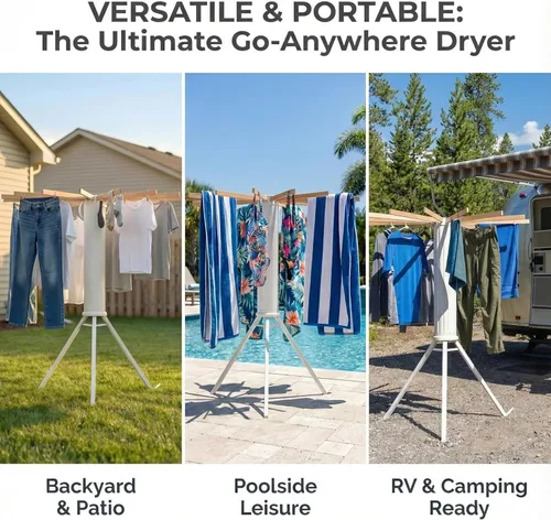 Miniatura 4 de Tendedero plegable para ropa portátil, con 16 varillas de madera y 48 ranuras resistentes al viento, trípode plegable para apartamento, caravana
