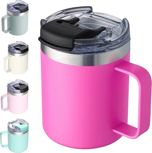 Miniatura 28 de Taza de café aislada de 12 onzas con asa, taza de café de viaje de acero inoxidable con tapa abatible, vaso de café de doble pared con aislamiento