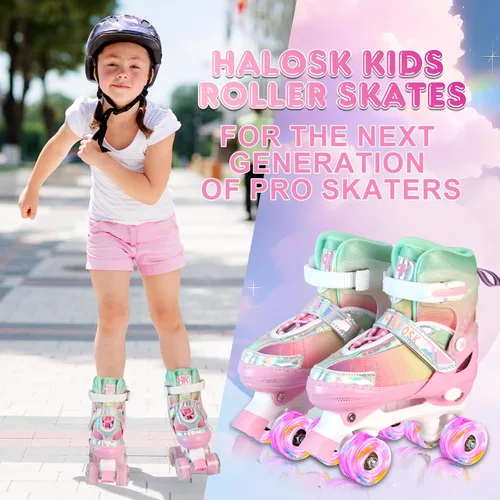 Miniatura 6 de Patines de ruedas para niñas principiantes de 5 a 12 años, patines de cuatro ruedas ajustables color rosa morado arcoíris para jóvenes con todas