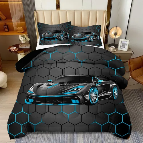 Juego de Ropa de Cama Individual para Niños con Coches de Carrera, Juego de Edredón de Tamaño Individual con Coche Deportivo Azul para Niños, Juego