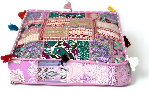 CRAFT KALA Funda de Puf Tradicional de Retazos Cuadrada India Pufs de Sala de Estar India Otomana de Diseñador Bordada Decorativa Hogar Vida