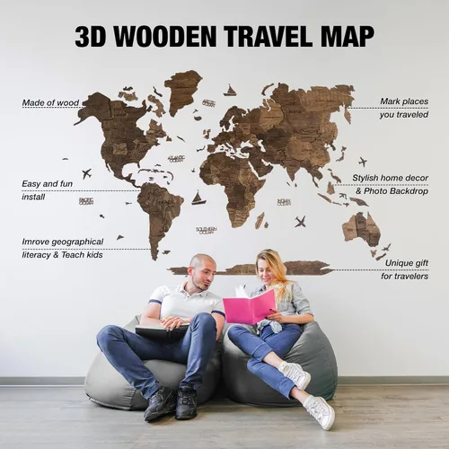 Miniatura 6 de Arte de pared de madera 3D hecho a mano con mapa del mundo, decoración de pared grande, rastrea tus viajes por el mundo, especial para el hogar