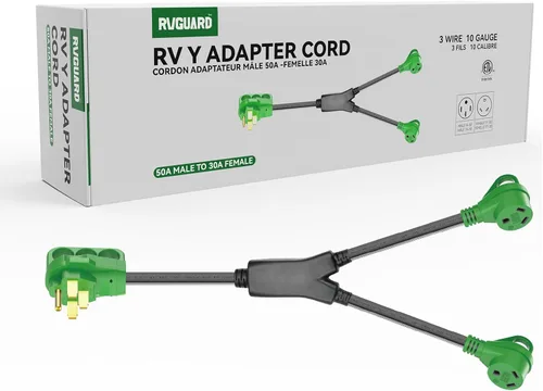 Miniatura 5 de RVGUARD - Cable adaptador RV Y de 50 amperios, enchufe macho 14-50P a dos hembras TT-30R de 30 amperios con mango para desconexión, color verde