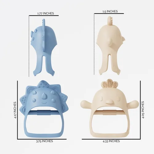 Miniatura 7 de Mordedor de silicona para bebé, paquete de 2 mordedores de mano, pequeño pollito, mini dinosaurio, juguete azul para bebé y juguetes beige para bebés