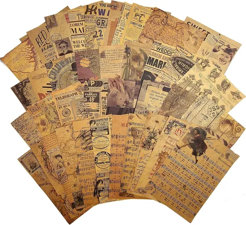 Papel de decoupage vintage de 40 hojas de papel kraft para álbumes de recortes, efímera para diarios basura, planificador de bricolaje, fondo,