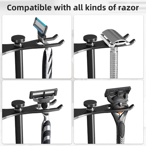 Miniatura 2 de pickpiff Soporte para Maquinilla de Afeitar de Seguridad con Portacepillos, Soporte de Afeitado de Metal Resistente Negro para Hombres, Aberturas