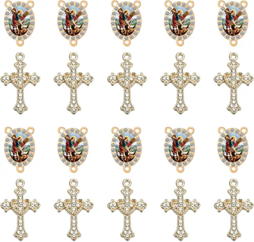 Miniatura 7 de Juego de 20 piezas de conectores de medalla de santos católicos con diamantes de imitación y dijes de cruz de cristal para suministros religiosos