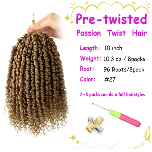 Miniatura 3 de Bileaf Cabello de Ganchillo Passion Twist Pre-retorcido de 10 Pulgadas, 8 Paquetes de Ganchillo Passion Twist, Cabello Corto Passion Twist
