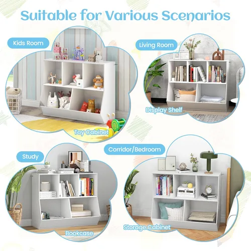 Miniatura 9 de KOTEK Organizador de almacenamiento de juguetes de 5 cubos, gabinete de almacenamiento de juguetes de madera, estante abierto para juguetes, Natural